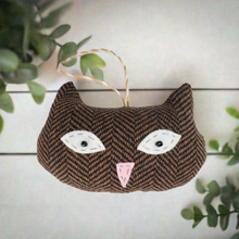 Load image into Gallery viewer, Handmade Black and Brown Stripe Vintage Upcycled Wool Cute Kitty Cat Ornament