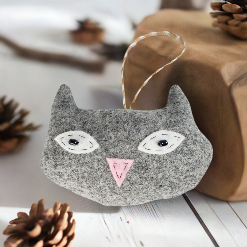 Handmade Gray Vintage Upcycled Wool Cute Kitty Cat Ornament