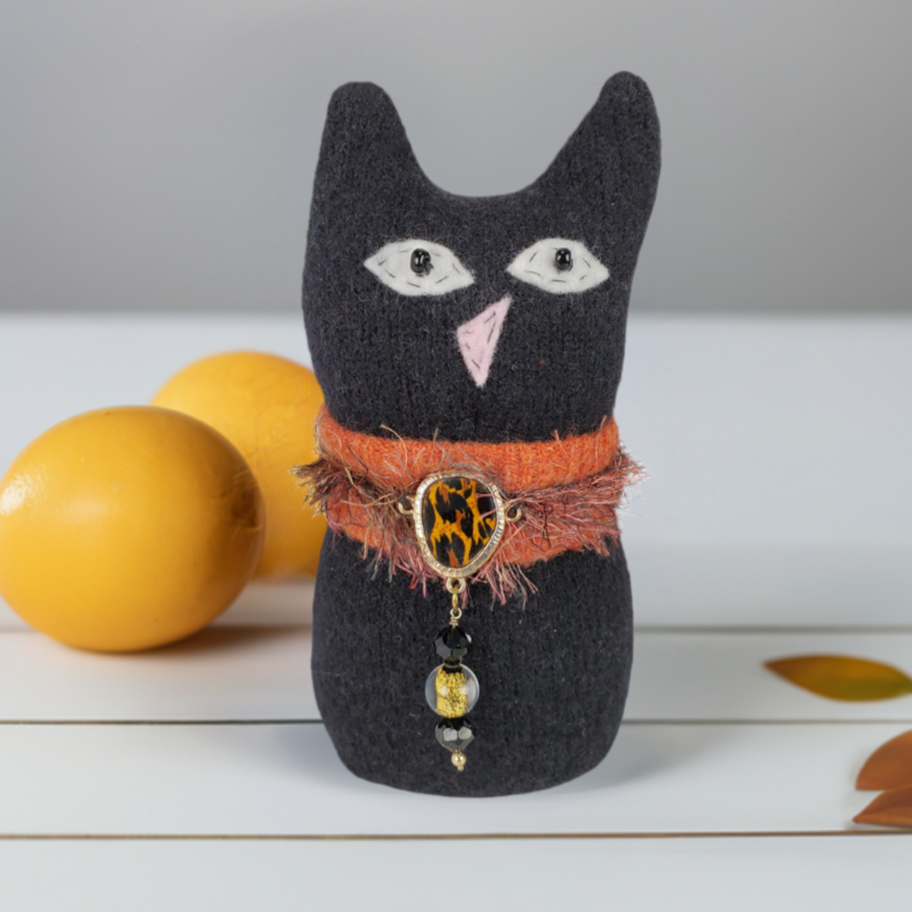 Handmade Black Ragamuffin Kitty Upcycled Sweater Art Doll Cat Lover Gift