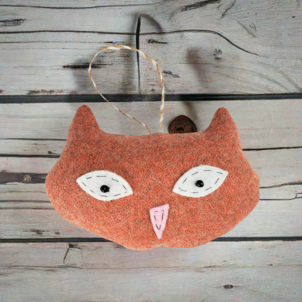 Handmade Orange Vintage Upcycled Wool Cute Kitty Cat Ornament