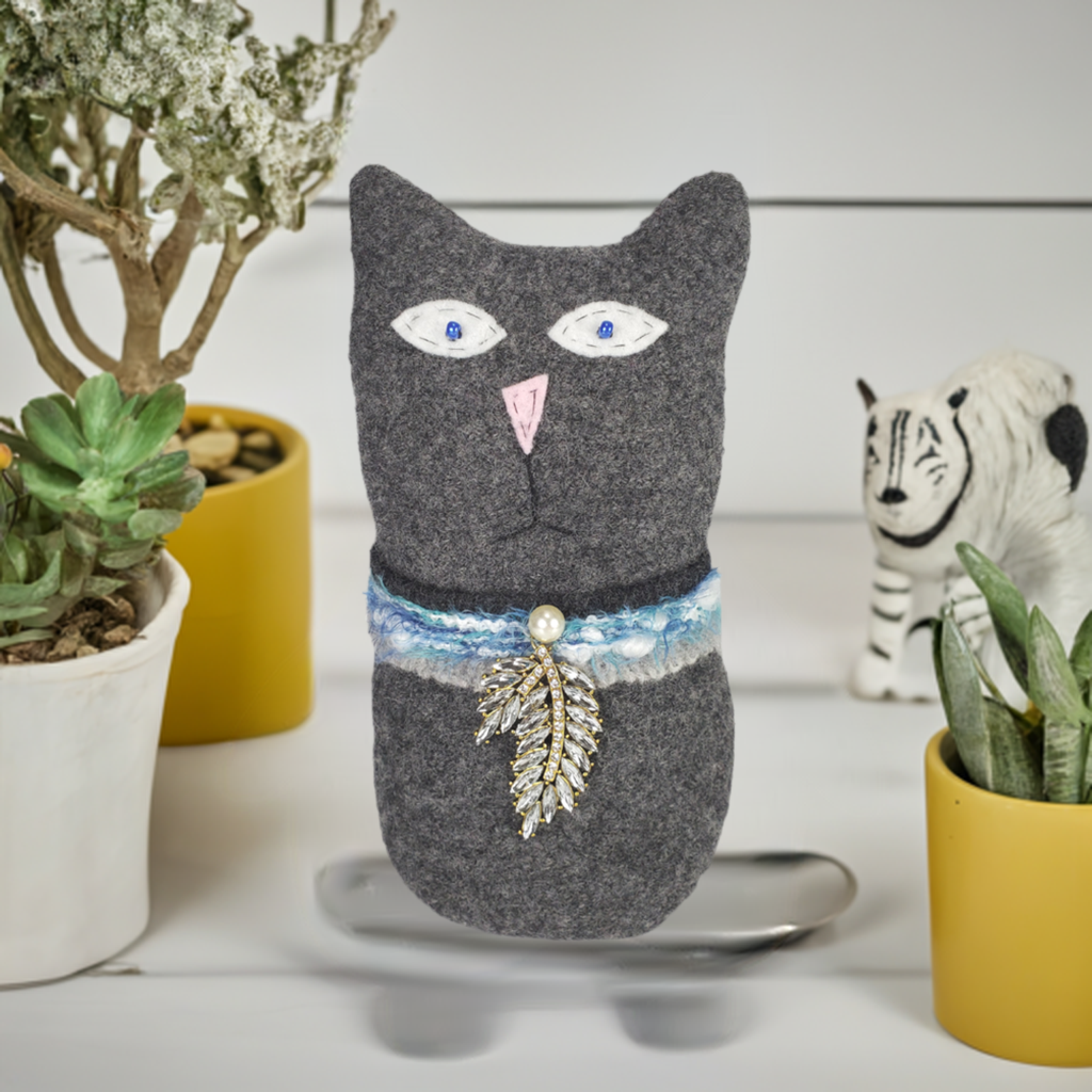 Handmade Gray Ragamuffin Kitty Upcycled Sweater Art Doll Cat Lover Gift