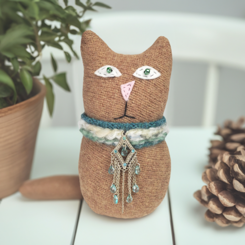 Handmade Tan Ragamuffin Kitty Upcycled Sweater Art Doll Cat Lover Gift