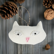 Load image into Gallery viewer, Handmade White Vintage Upcycled Wool Cute Kitty Cat Ornament
