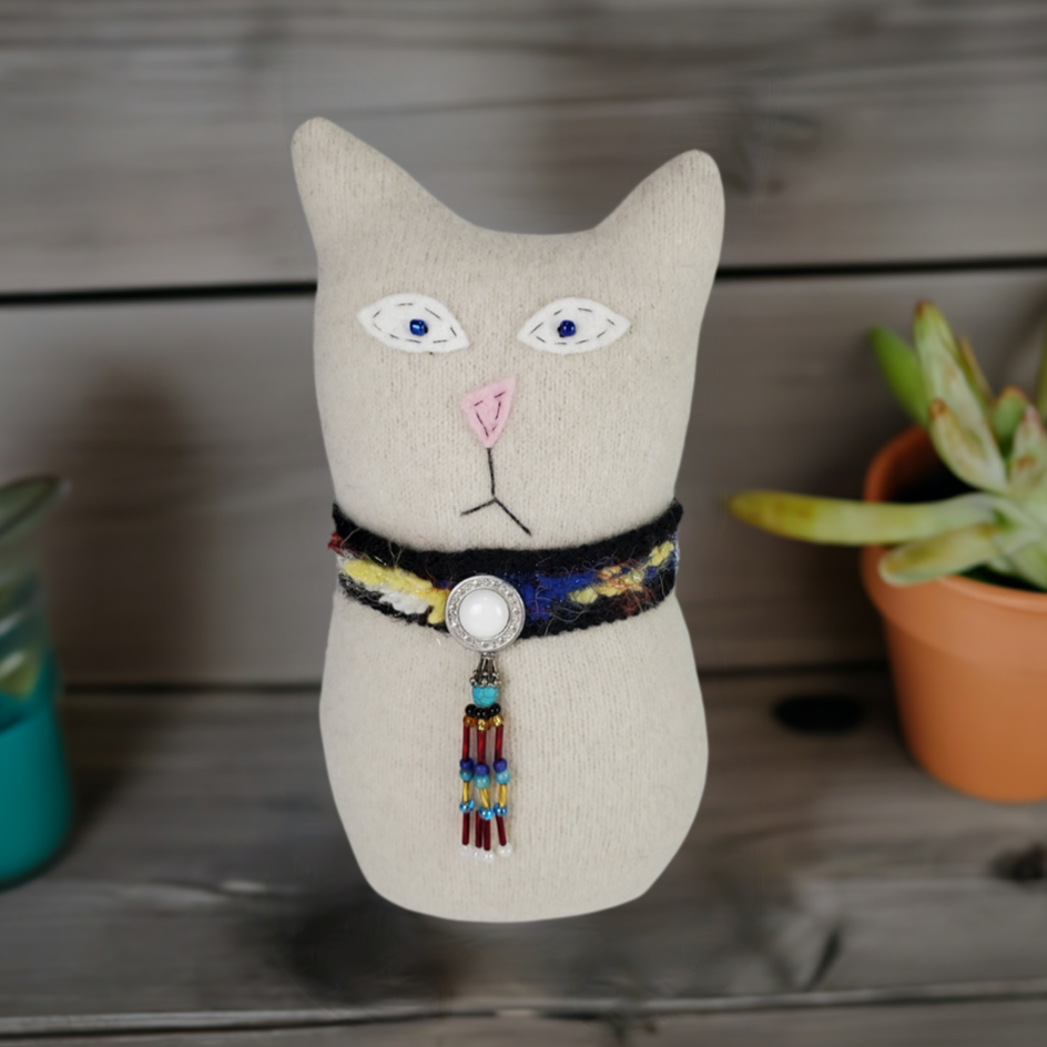 Handmade White Ragamuffin Kitty Upcycled Sweater Art Doll Cat Lover Gift
