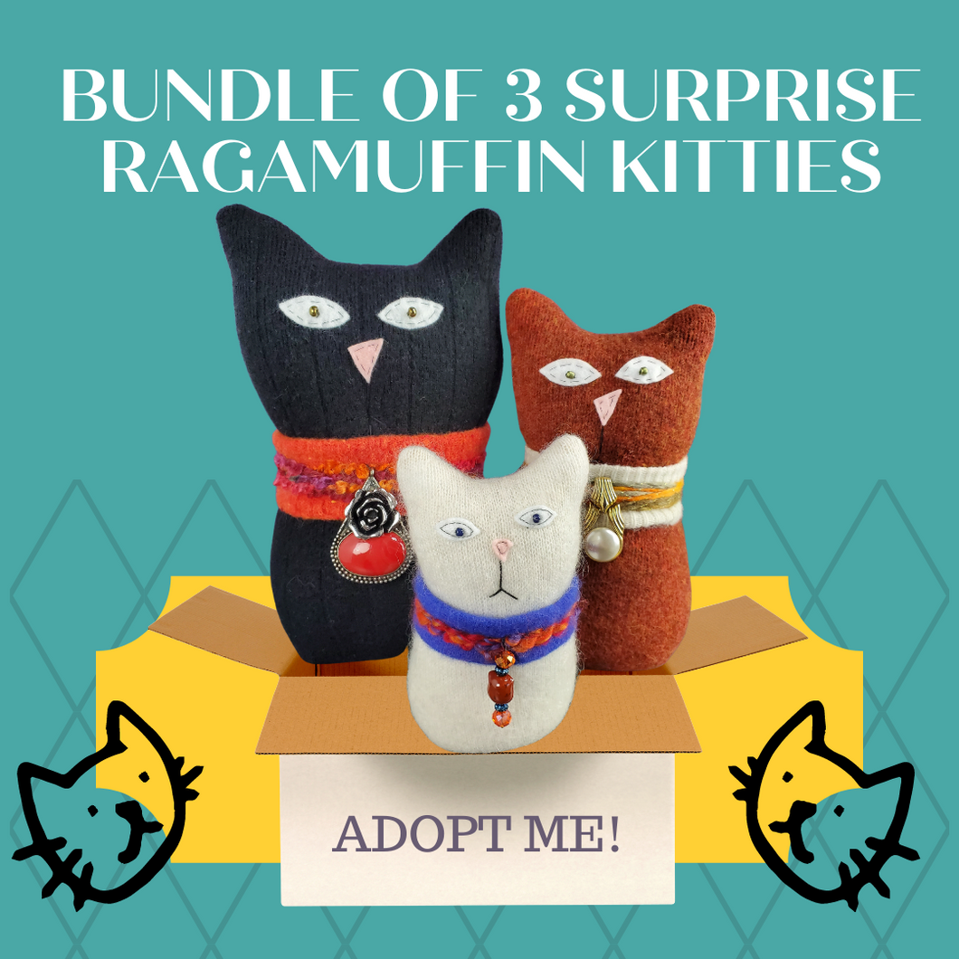 Surprise Bundle of 3 Handmade Ragamuffin Kitty Cat Sweater Art Dolls